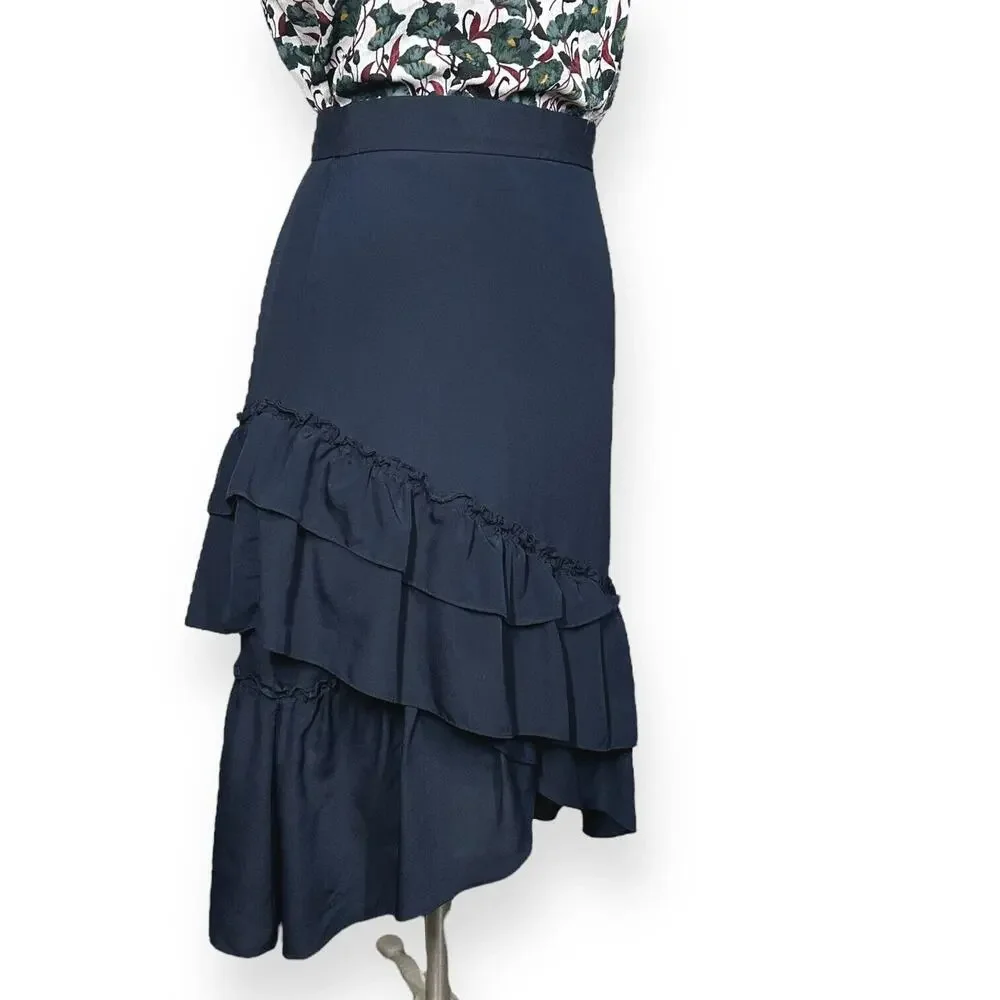 CLUB MONACO Hespe Skirt Tiered Ruffle A-Line Asymmetric Handkerchief Hem Blue 4